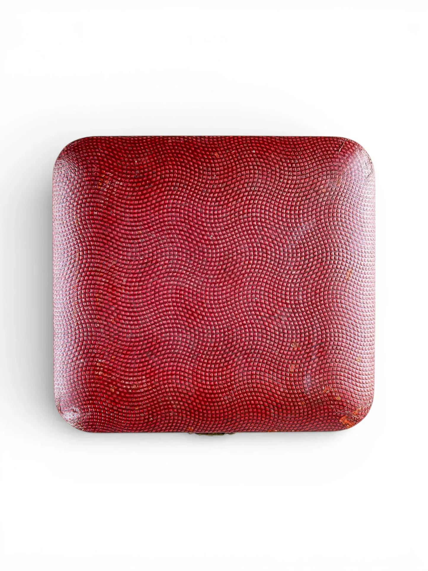 Vintage red textured square box with curved edges on white background