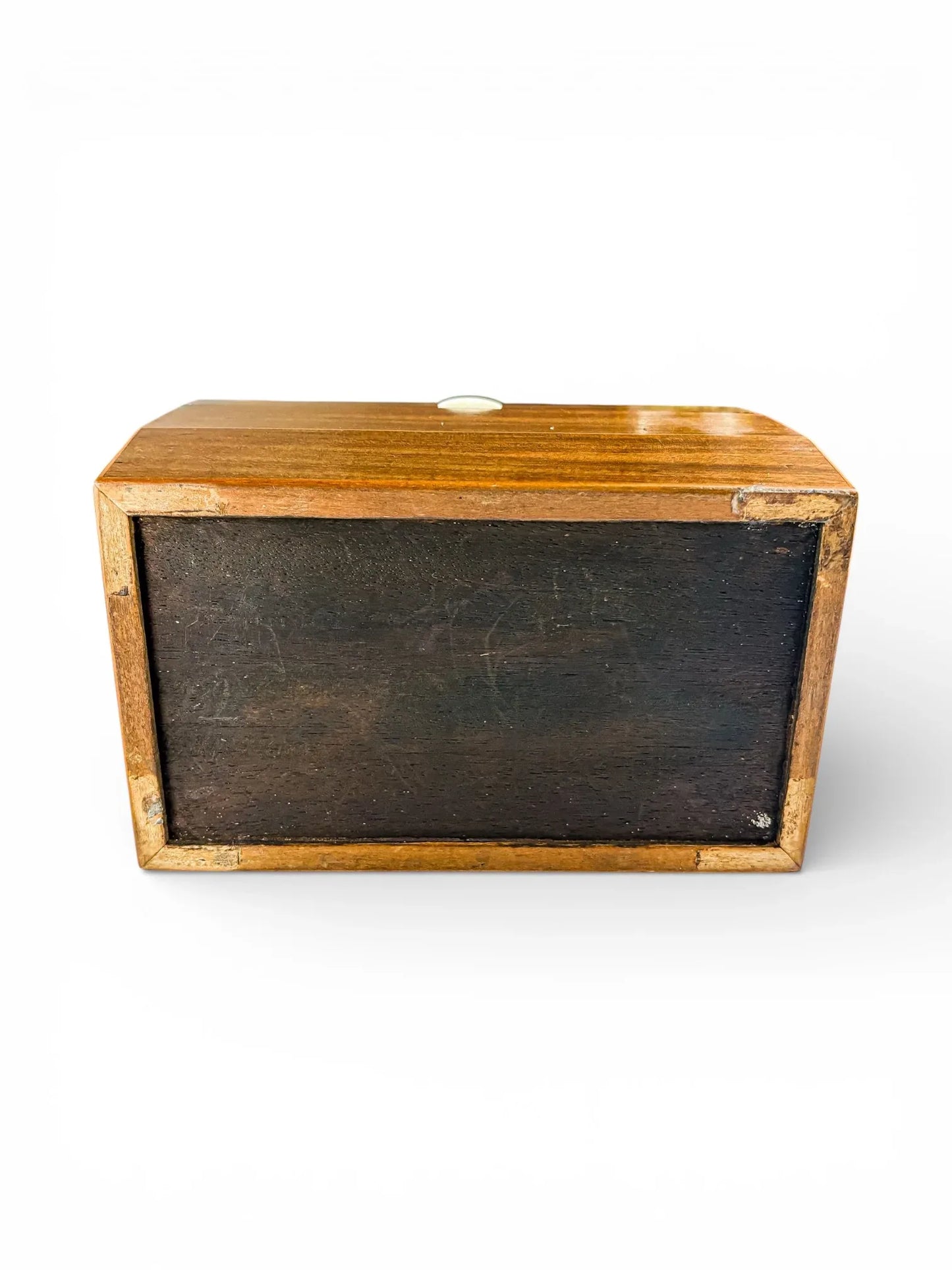 Vintage wooden box with dark base on white background, collectible home decor