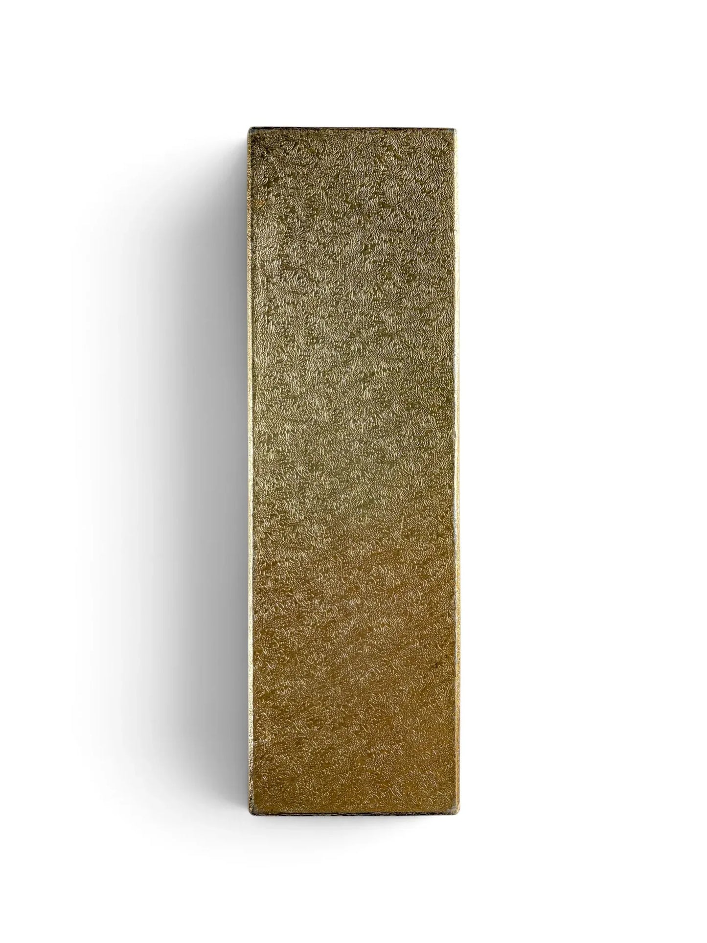 Closed original gold textured presentation box for the Lewis Rose Sheffield cake and pie server, photographed from above on a white background.