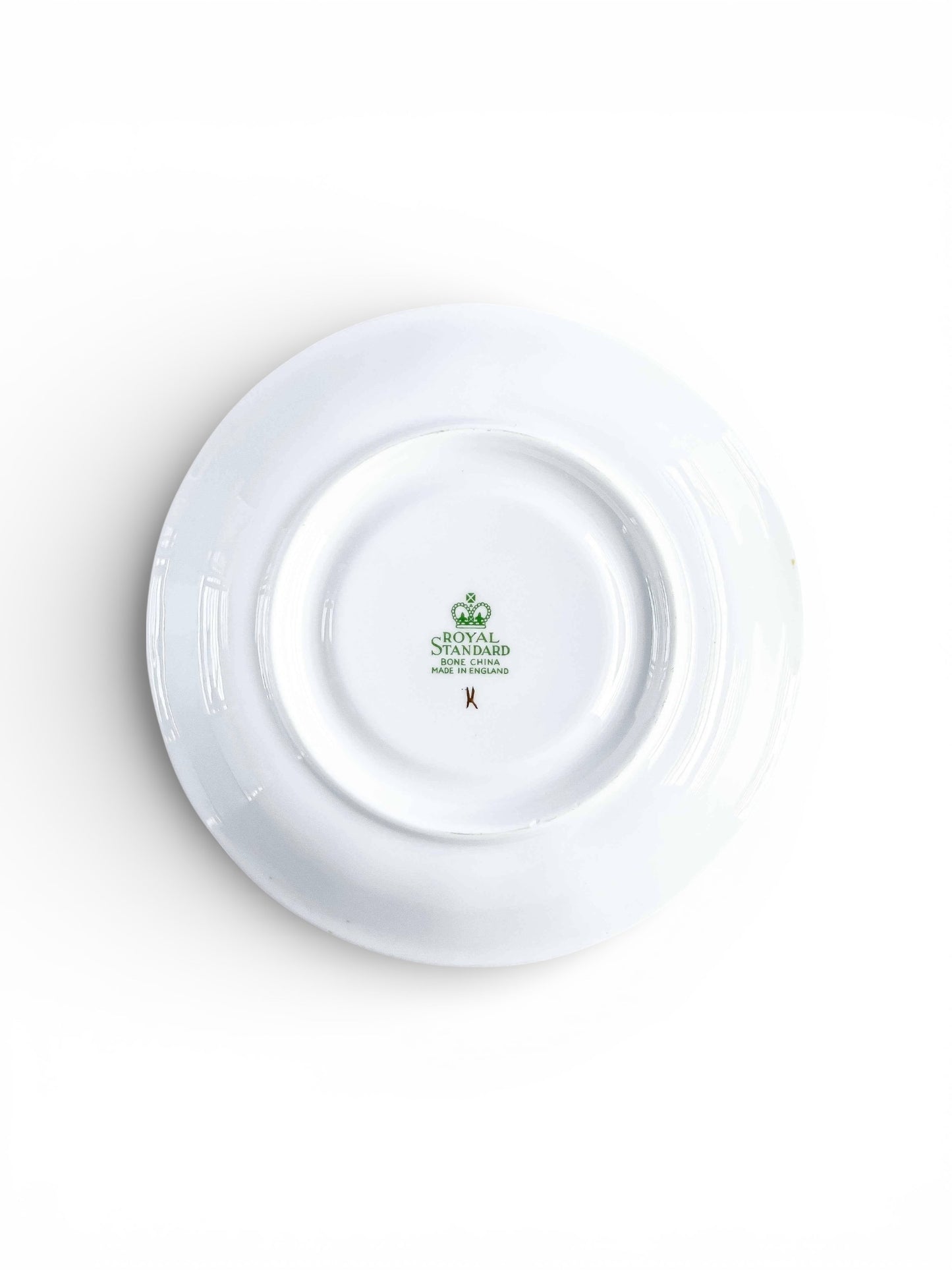 White Royal Standard bone china plate upside down showing green logo and made in England mark on white background