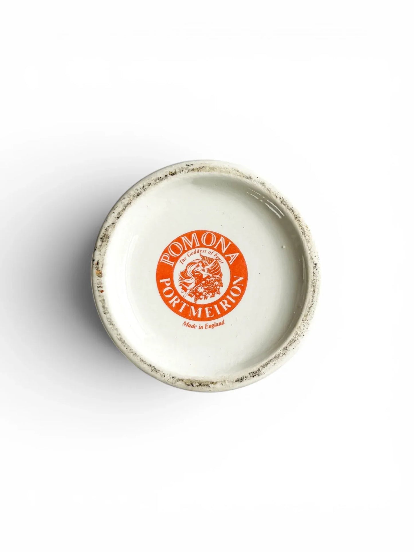 Base of a vintage Portmeirion Pomona Reine Claude Plum vase showing the original Portmeirion Made in England backstamp.