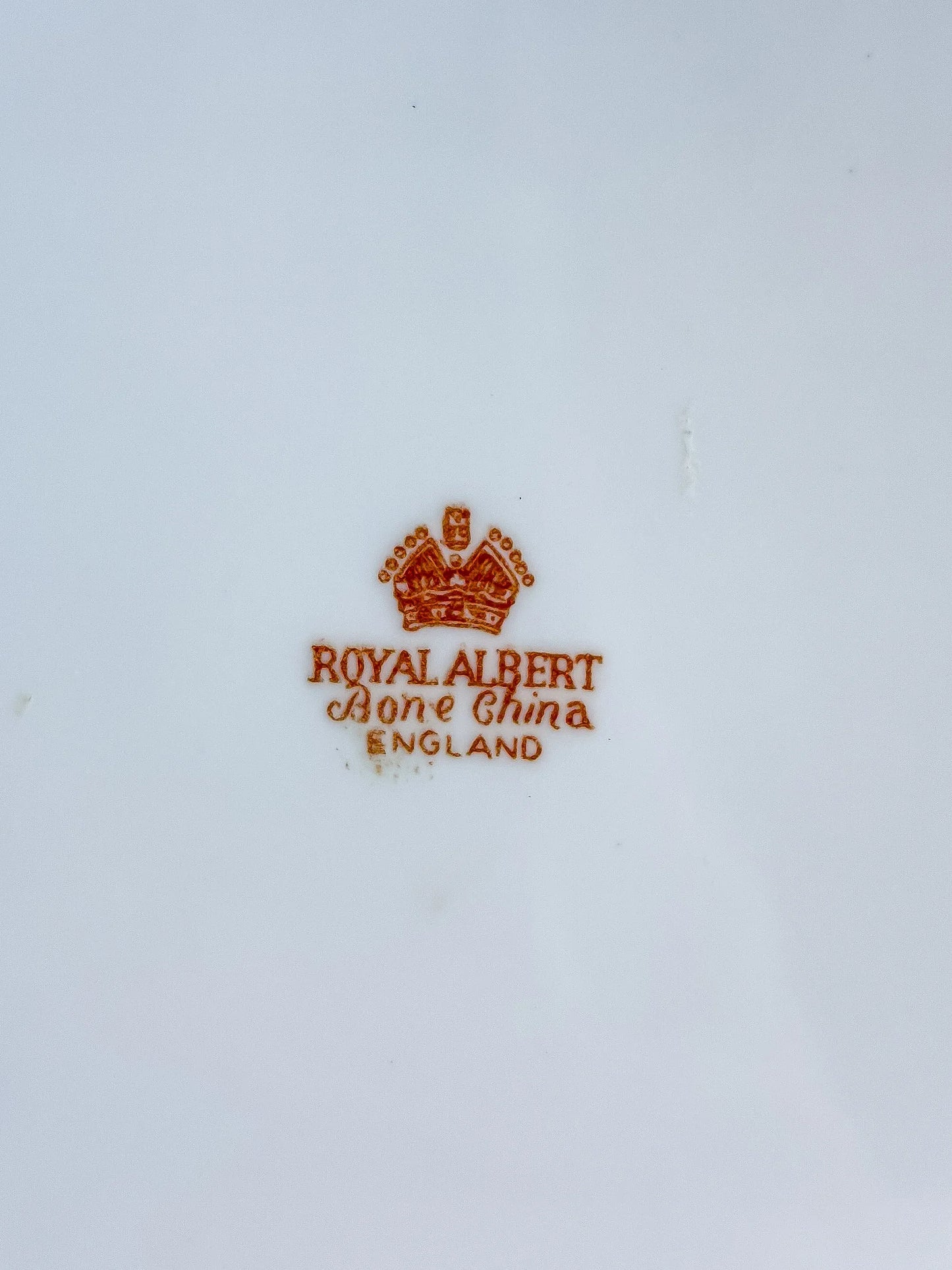 A macro photograph of the vintage Royal Albert backstamp. The orange crown logo and "Royal Albert Bone China England" text are clearly visible, confirming the mid-century provenance of the piece.