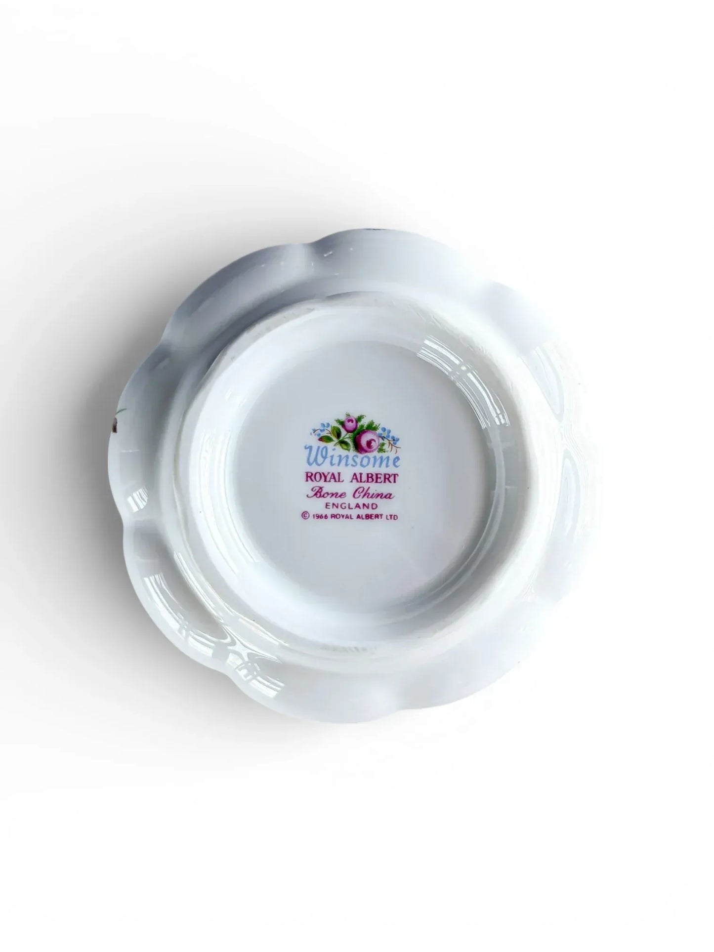 The underside of the sugar bowl showing the authentic 'Winsome Royal Albert Bone China England' backstamp.