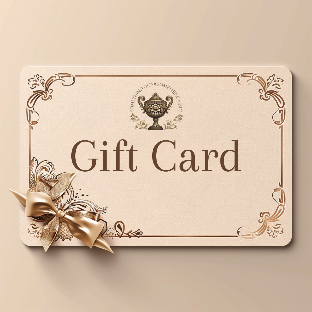 Elegant beige gift card with gold floral border, decorative bow, and vintage urn logo
