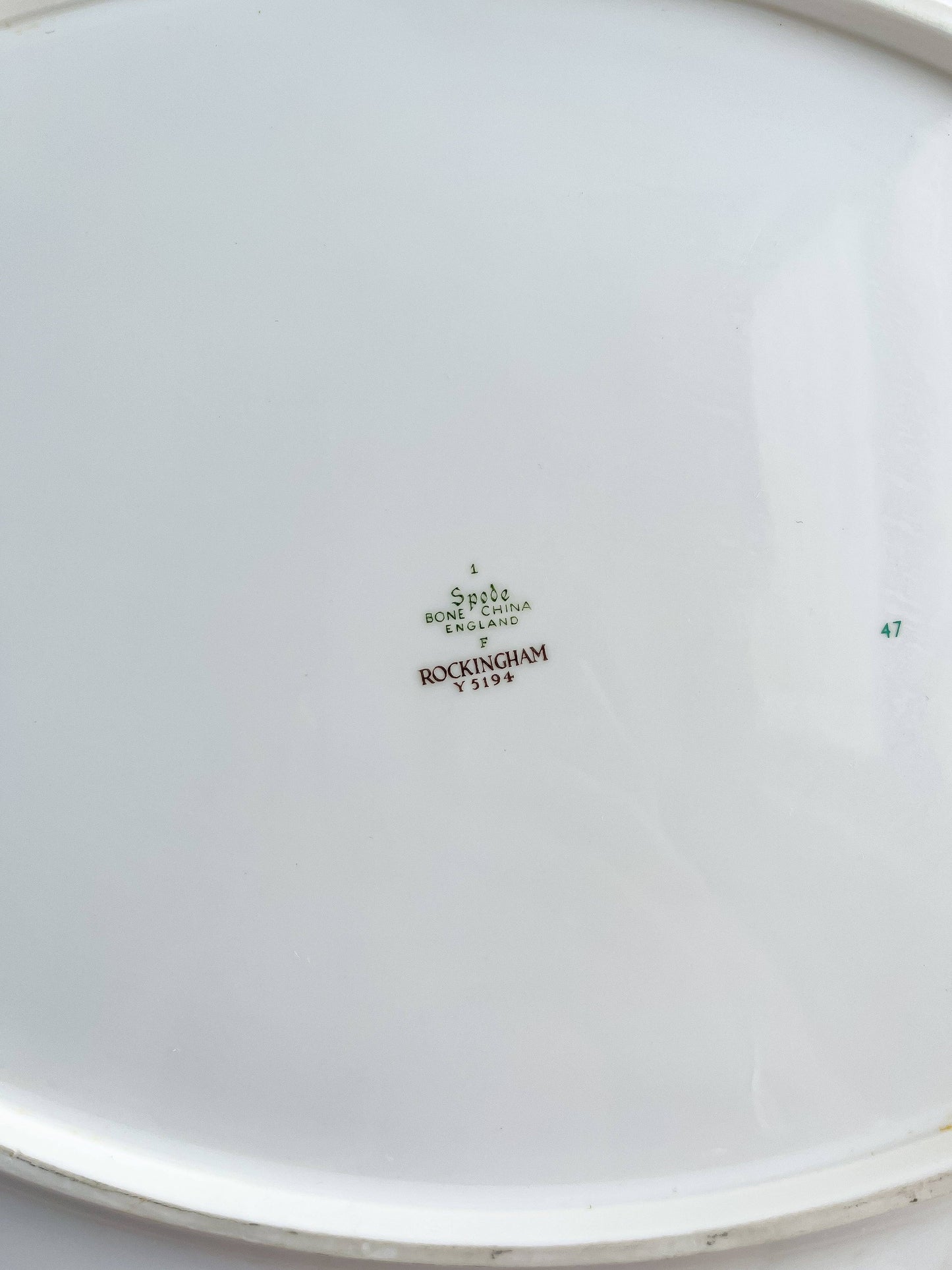 Bottom of Spode 42cm oval Rockingham bone china serving platter with stamp marks on white porcelain