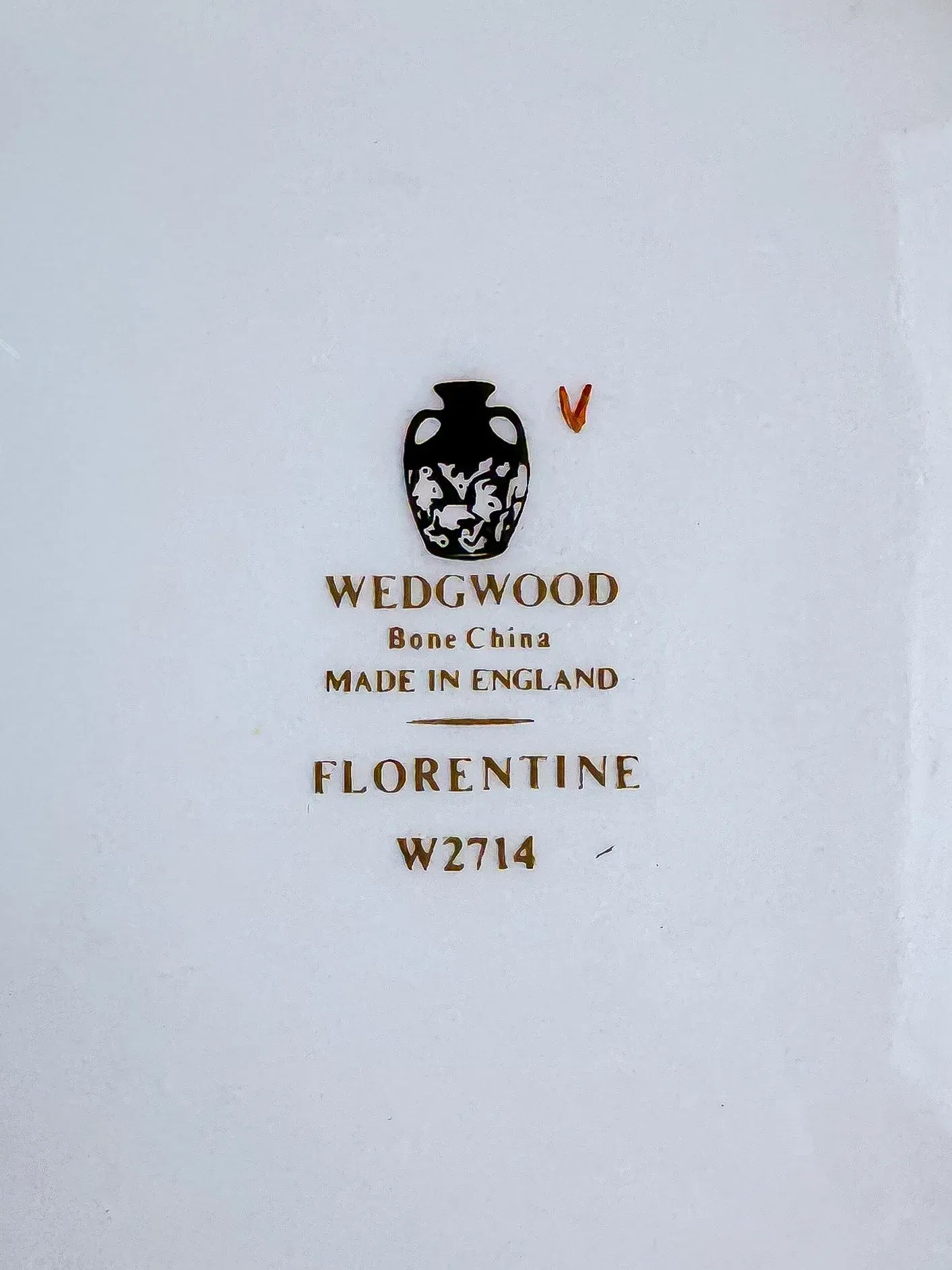 Close-up of the Wedgwood Made in England Portland Vase backstamp with pattern number W2714.