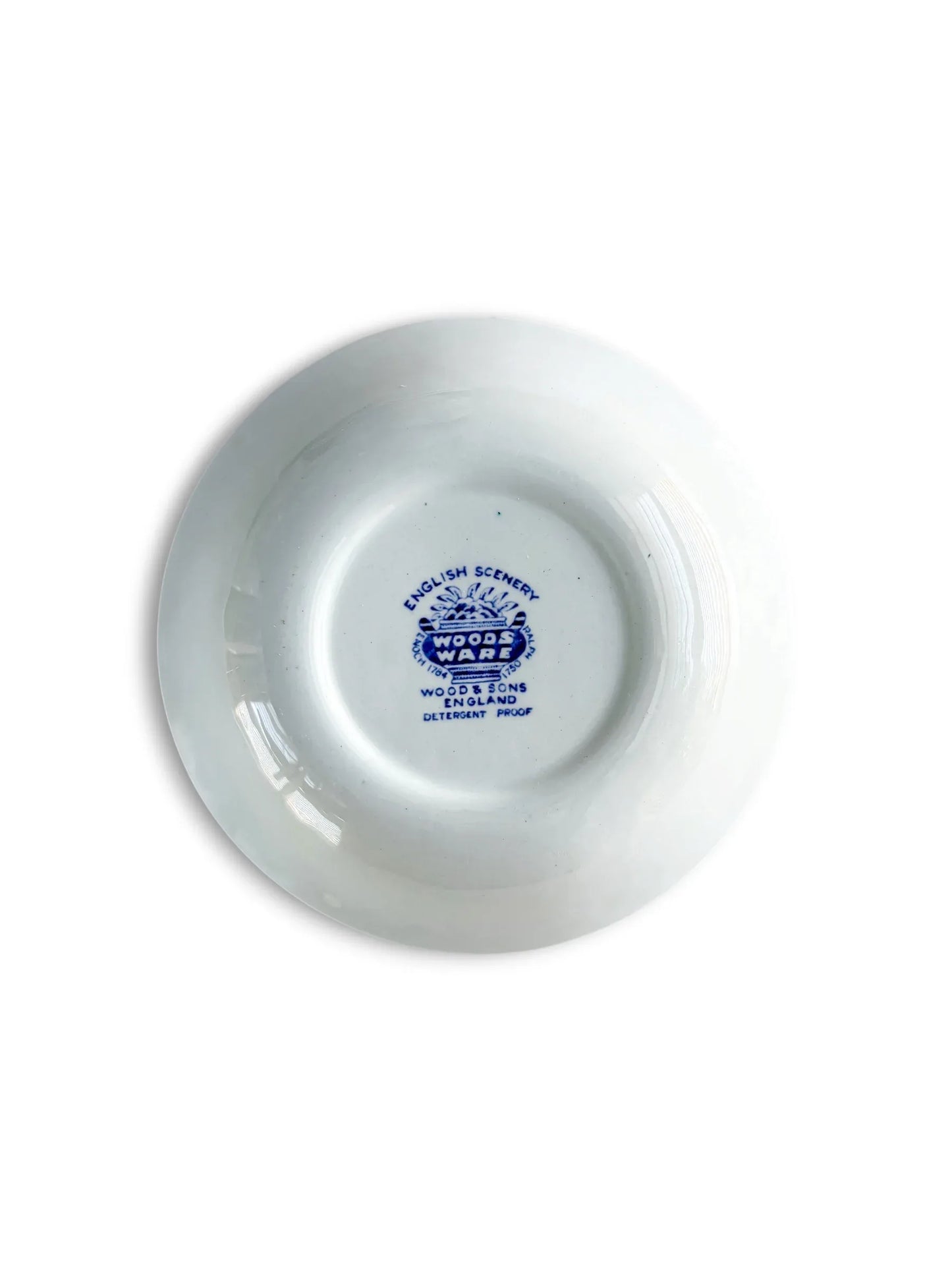 Bottom view of a Wood & Sons bowl showing the 'Detergent Proof' backstamp and 'English Scenery' pattern identification.