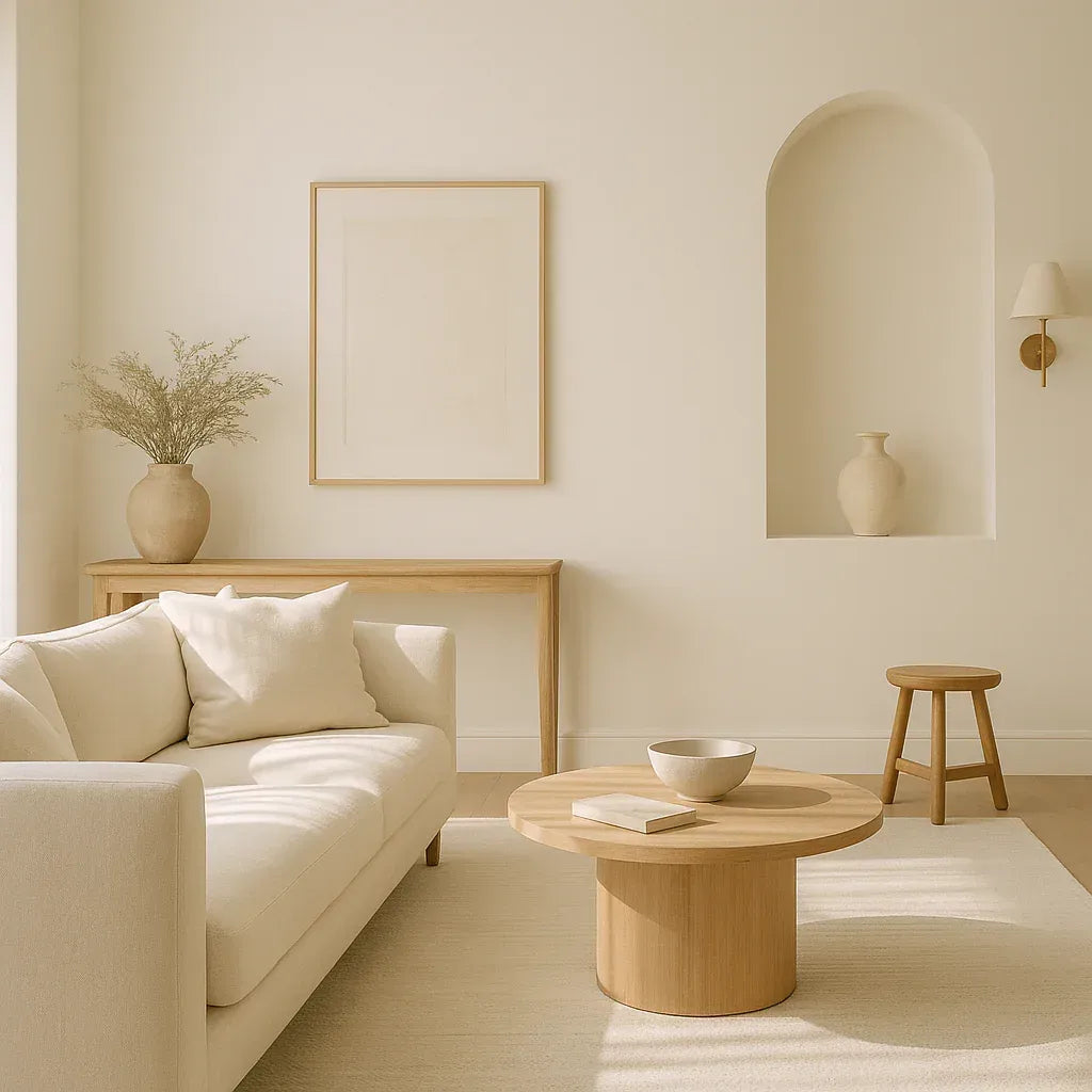 Minimalist beige living room with cream sofa, wooden coffee table, vase with dried plants, and wall art