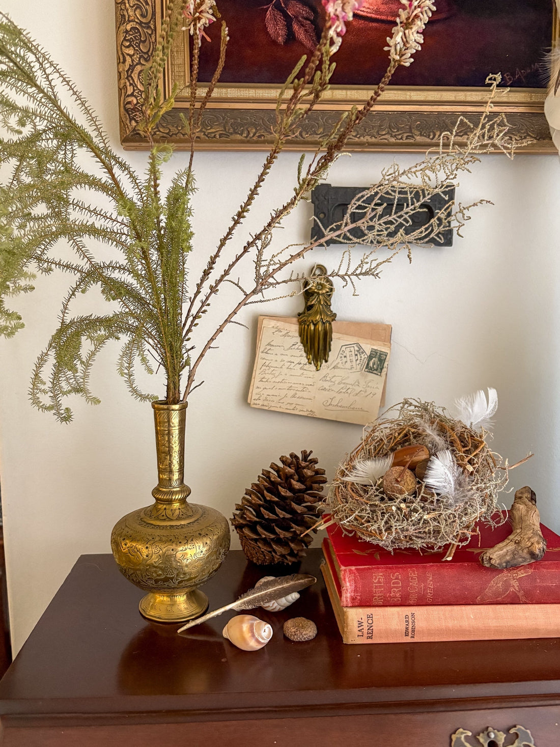 A warm, sun-lit Slow Decor vignette featuring an etched brass vase, a bird's nest, and vintage red books on a dark wood dresser.