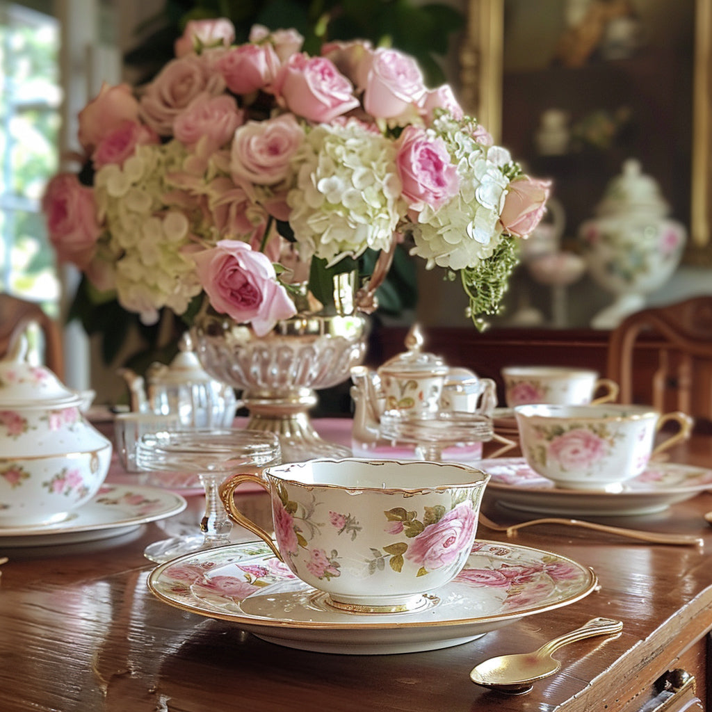Elegant layered table setting for a modern tea party