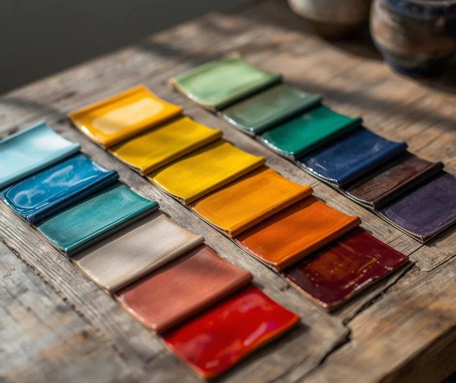 Colorful ceramic tile samples arranged in rows on rustic wooden table in natural light