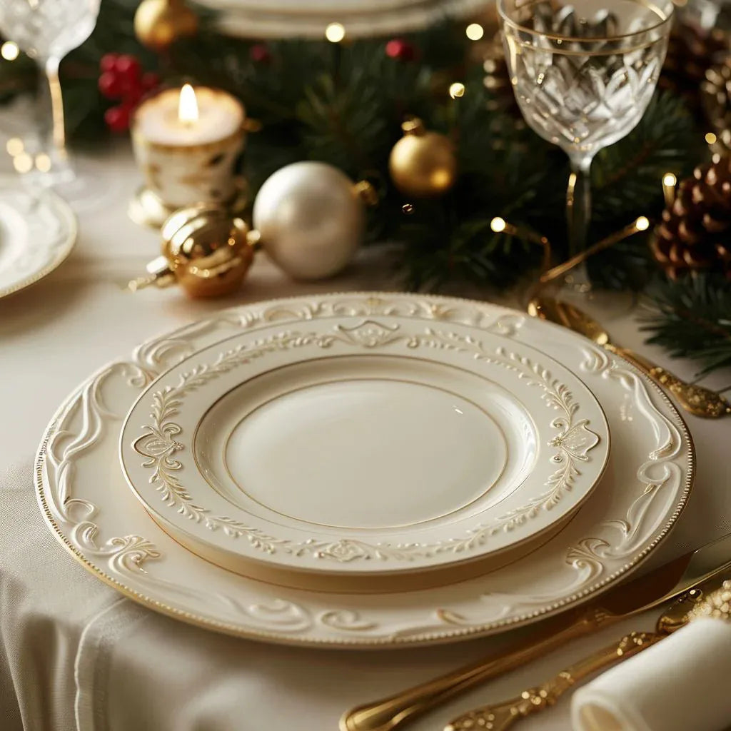 Elegant Christmas table setting with ornate plates, gold cutlery, and festive decor