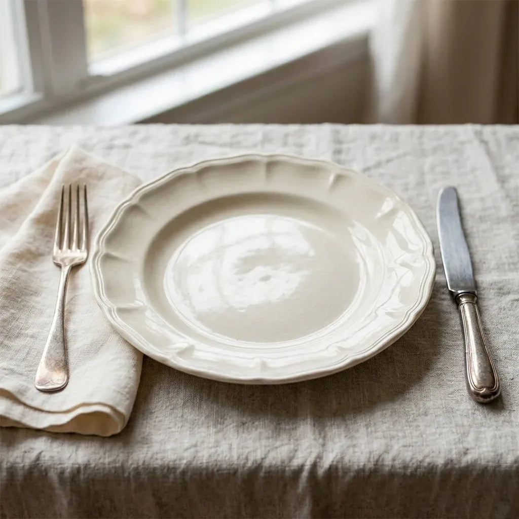 A single cream-coloured vintage ironstone dinner plate with a scalloped edge, styled with antique silver cutlery on a rustic linen tablecloth — Something Old Something Chic Dinnerware.