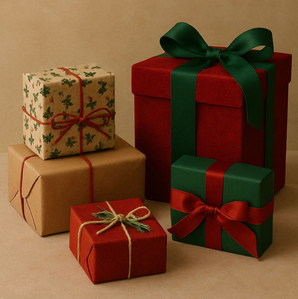 Assorted Christmas gift boxes with festive wrapping paper and ribbon on a neutral background.