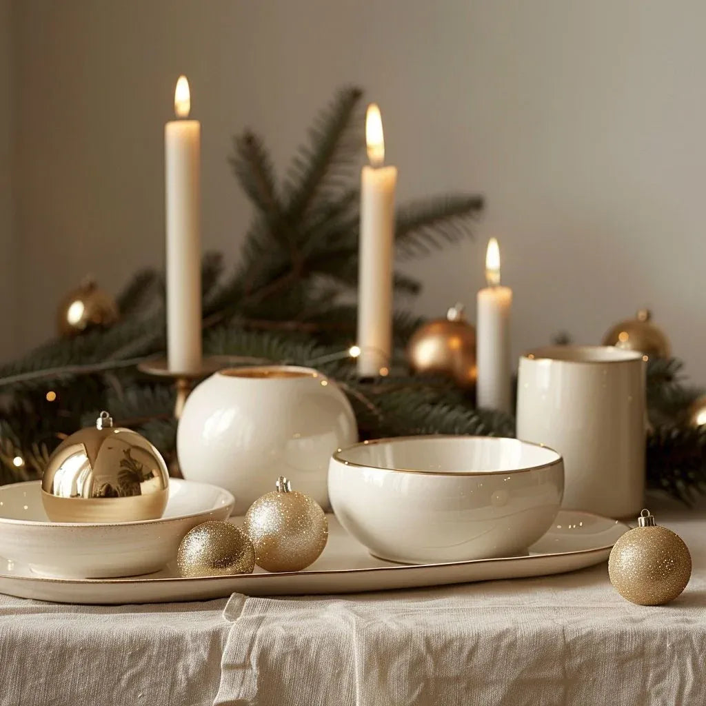Elegant white and gold Christmas table setting with candles, ornaments, and pine branches