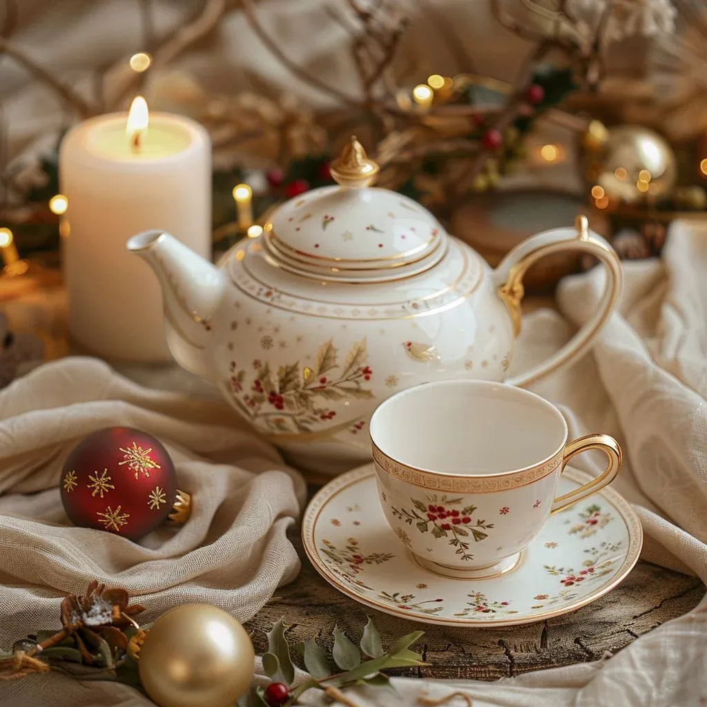 Holiday porcelain teapot and teacup with gold trim, candle, and Christmas ornaments