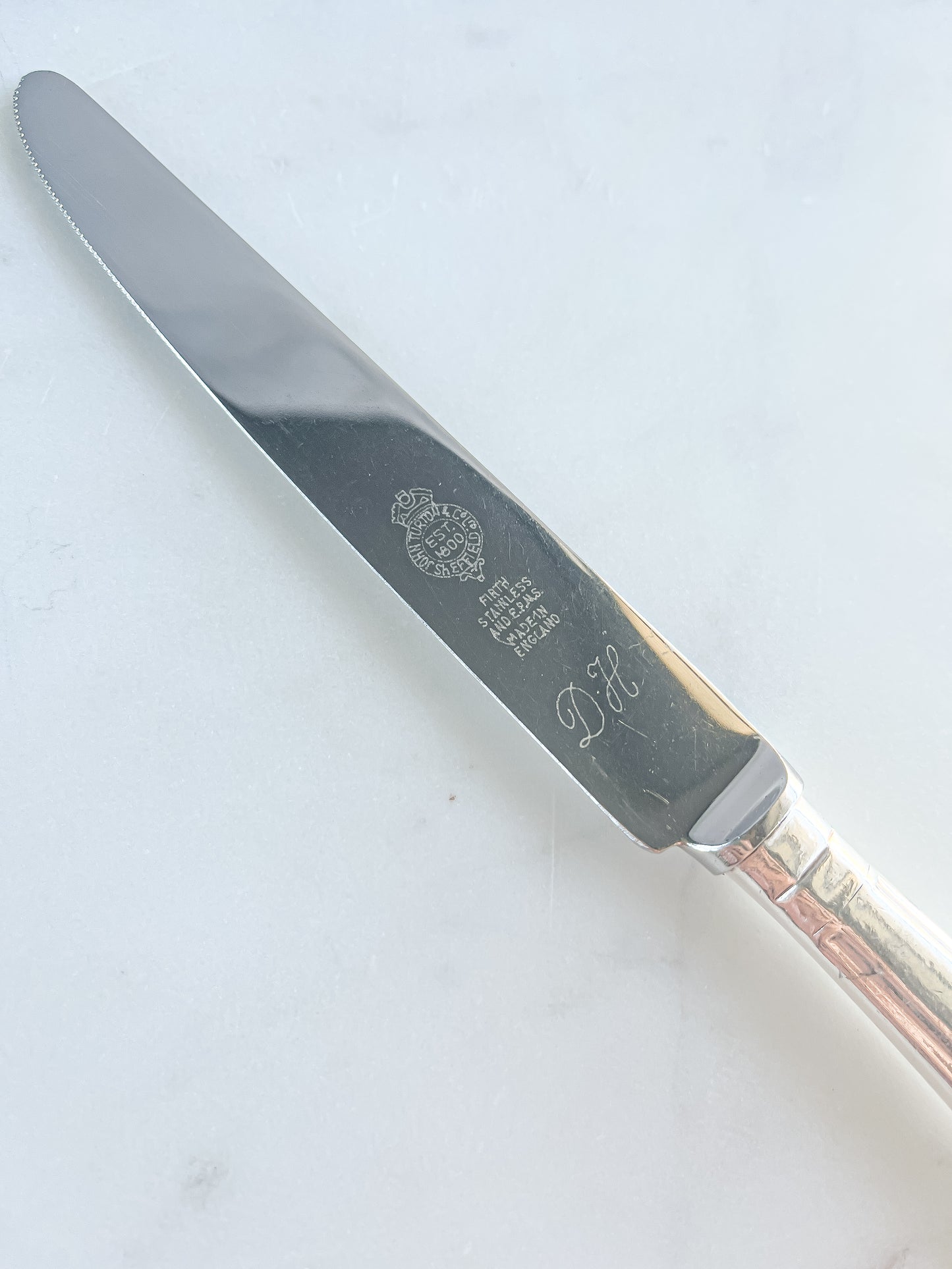 John Turton & Co. Ltd. Monogrammed "D.H." Dinner Knives Set of 6 - 'Kings' Pattern