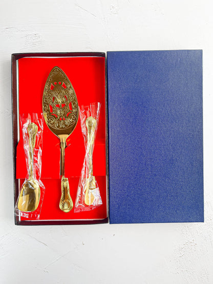 24 Carat Gold-Plated Serving Set with Cake Lifter, Jam Spoon, Butter Knife - 'Kings' Pattern - SOSC Home