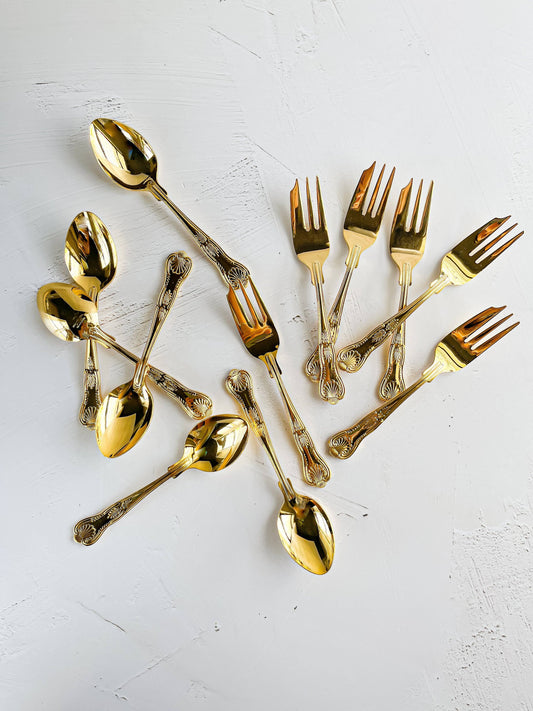 24 Carat Gold-Plated Teaspoons and Cake Forks Set - 'Kings' Pattern - SOSC Home