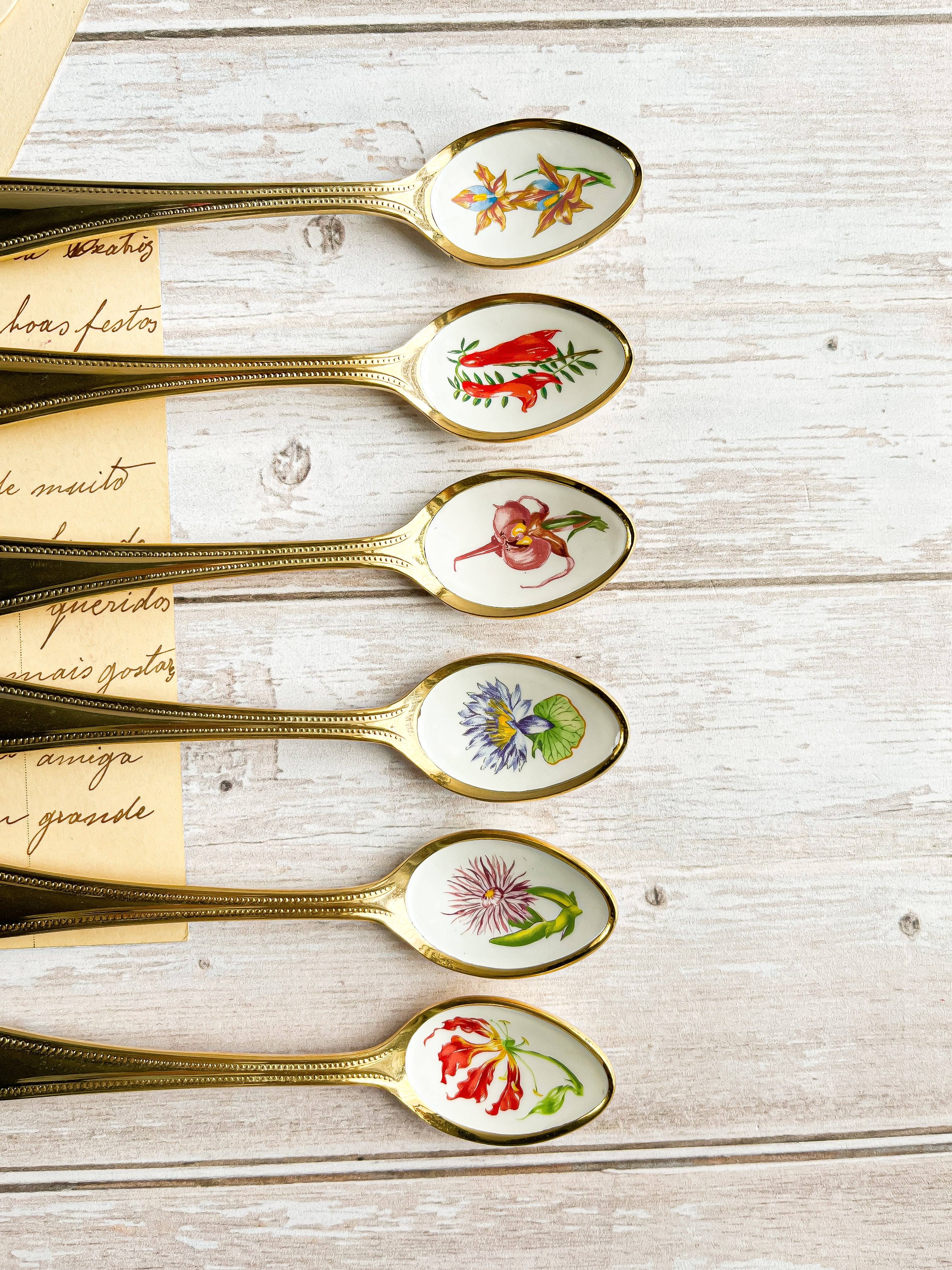 24k Gold-Plated Set of 6 Teaspoons with Inlays - South African