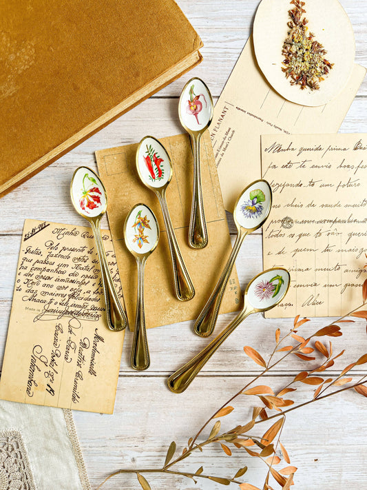 24k Gold-Plated Set of 6 Teaspoons with Inlays - South African Flowers - SOSC Home