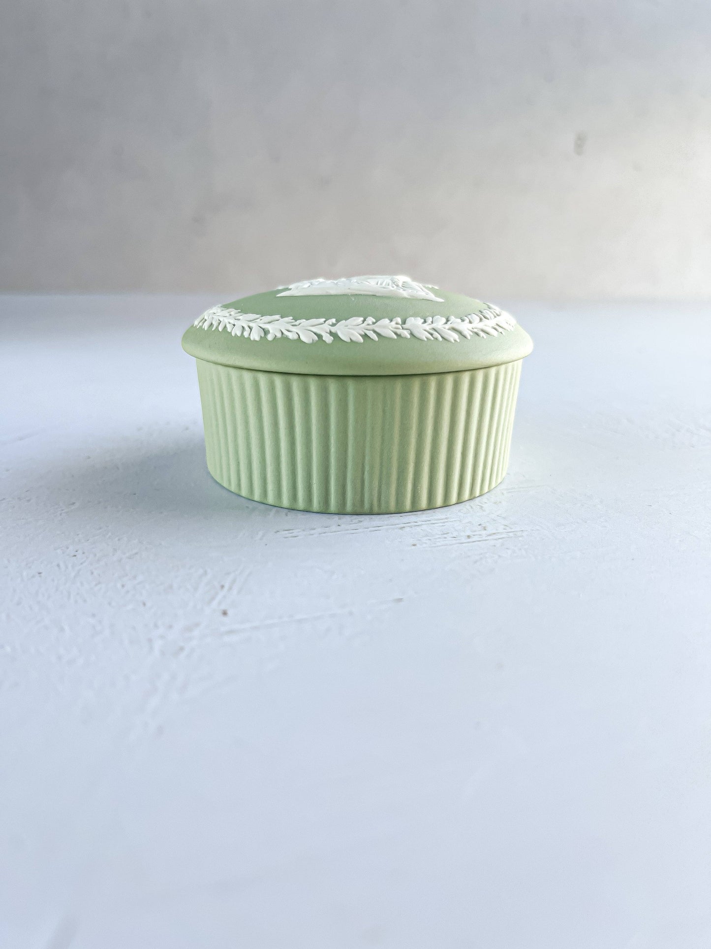 Wedgwood Celadon Green Round Fluted Box & Lid - 'Cupid as Oracle' Design - SOSC Home