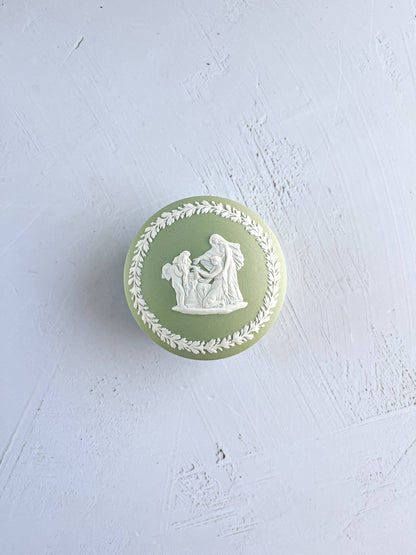 Wedgwood Celadon Green Round Fluted Box & Lid - 'Cupid as Oracle' Design - SOSC Home