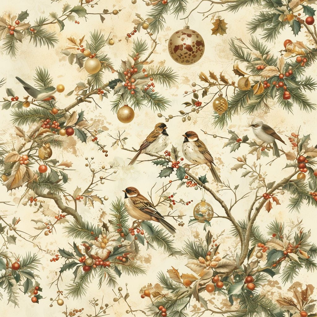 Christmas-themed pattern with birds, berries, and pine branches on a beige background
