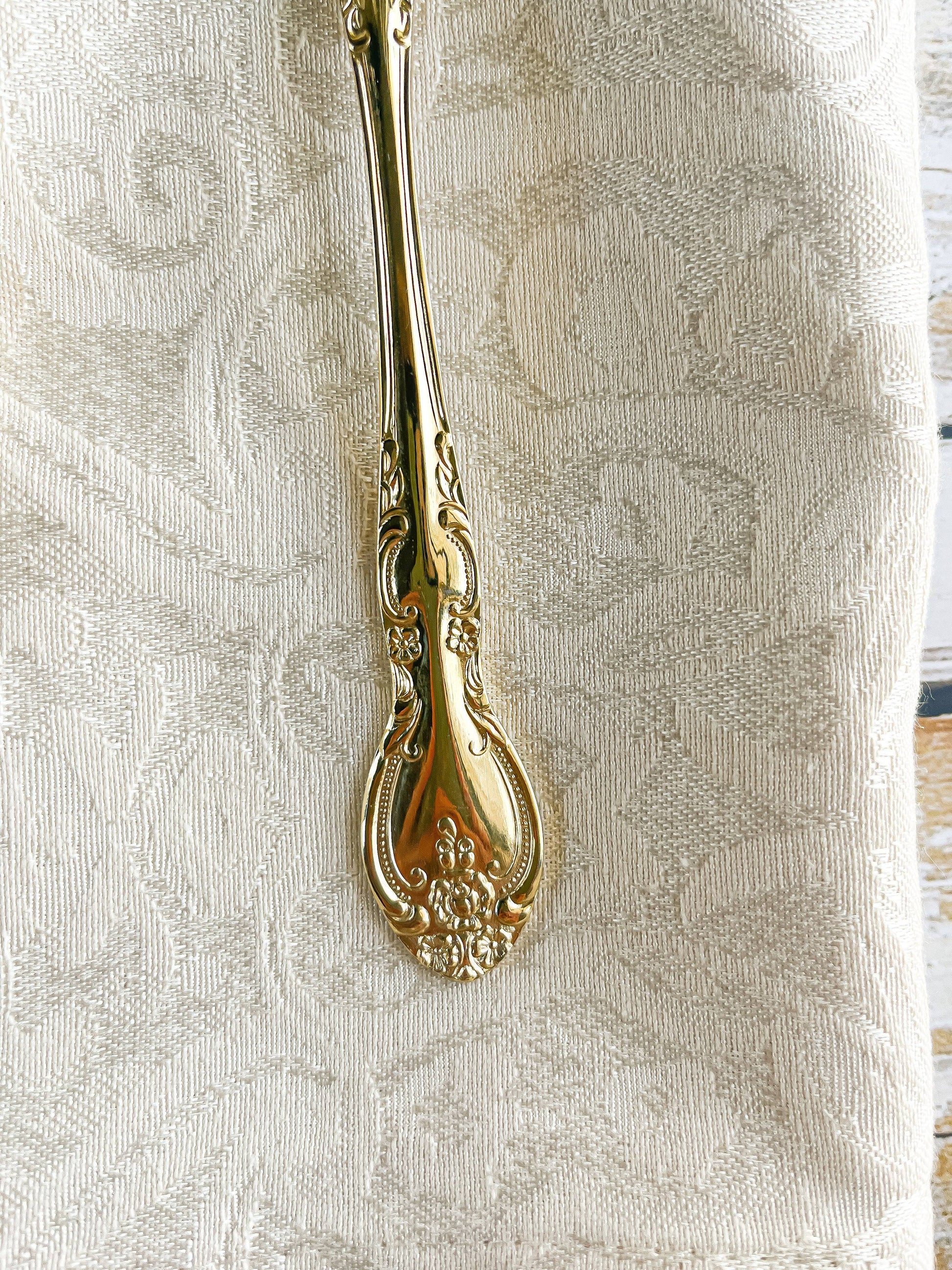 Oneida Gold-Plated Set of 6 Dessert/Place Spoons - 'Golden Malmaison' Pattern - SOSC Home