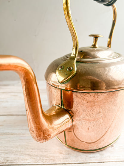 Copper Stovetop Kettle with Brass Accents and Wooden Handle
