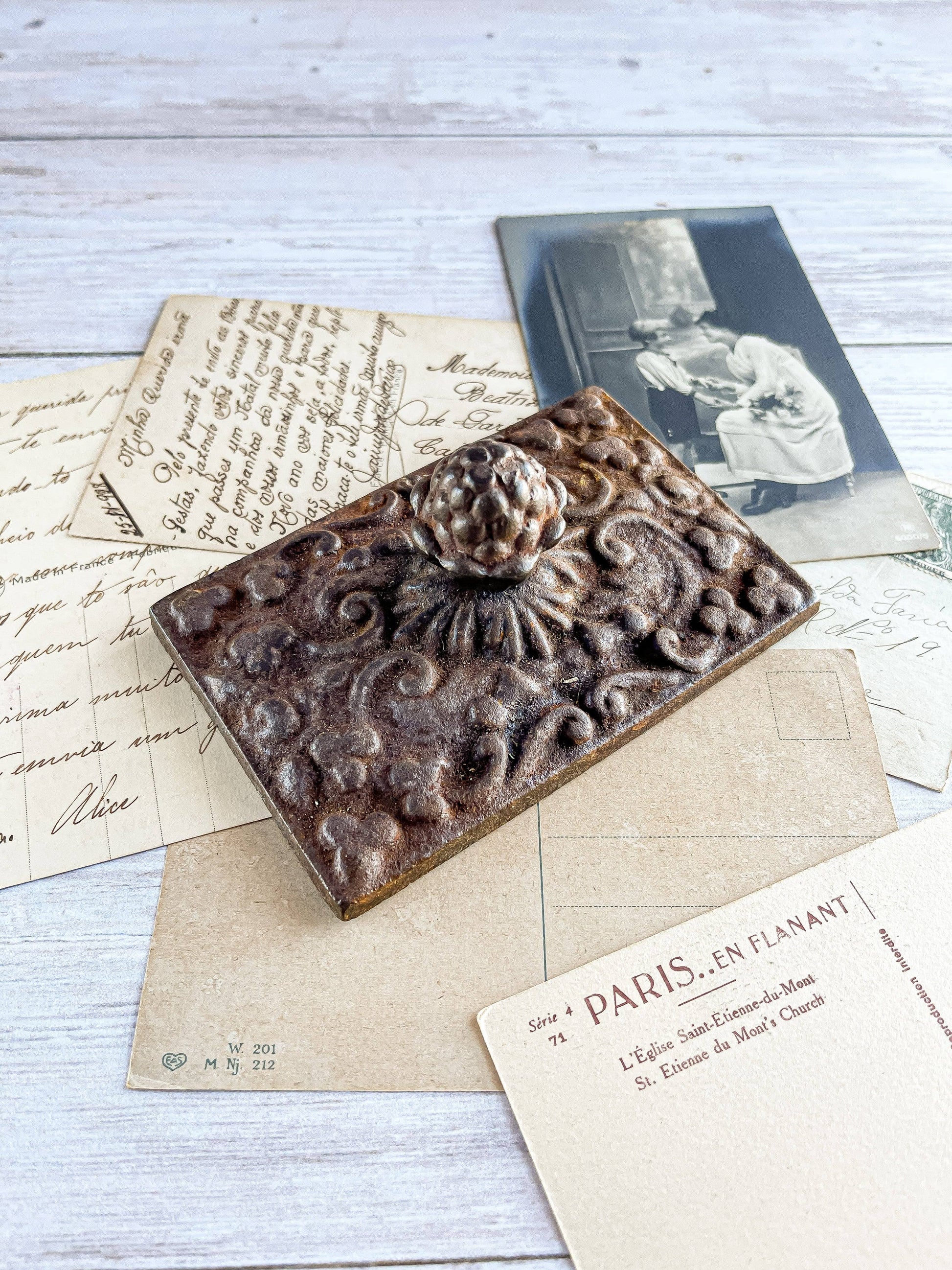 Cast Iron Paperweight - Pinecone Finial and Filigree Design - SOSC Home