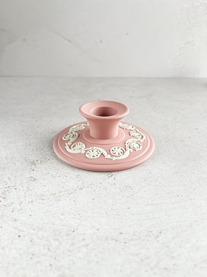 Wedgwood Jasperware Pink Items: Candlestick, Bean Shaped Box, and Fluted Dish