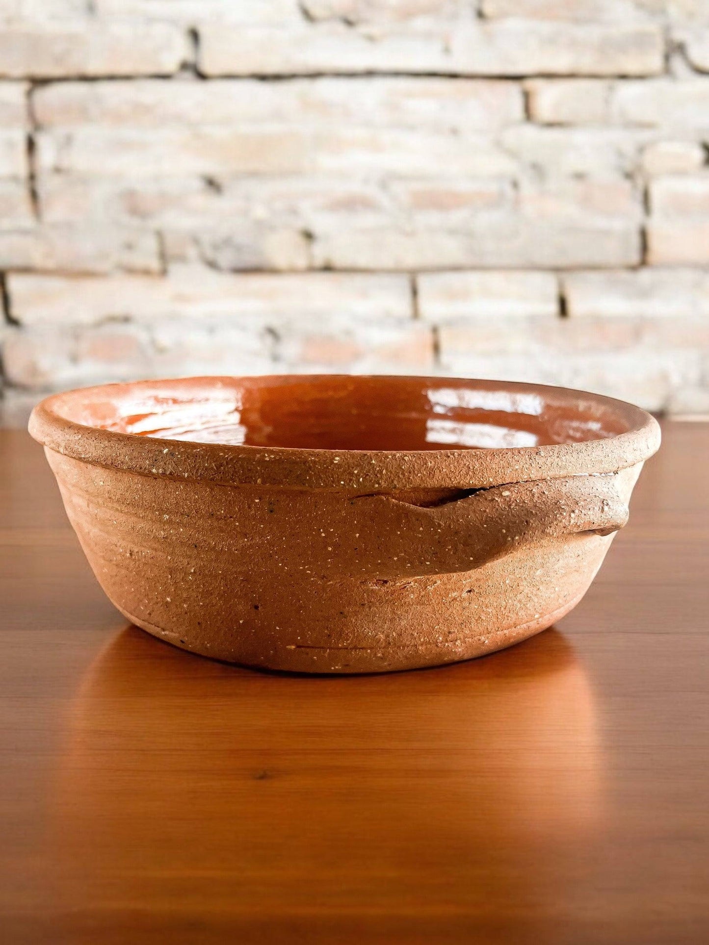 Traditional Earthenware Terracotta Bowl with Glazed Interior and Handles - SOSC Home