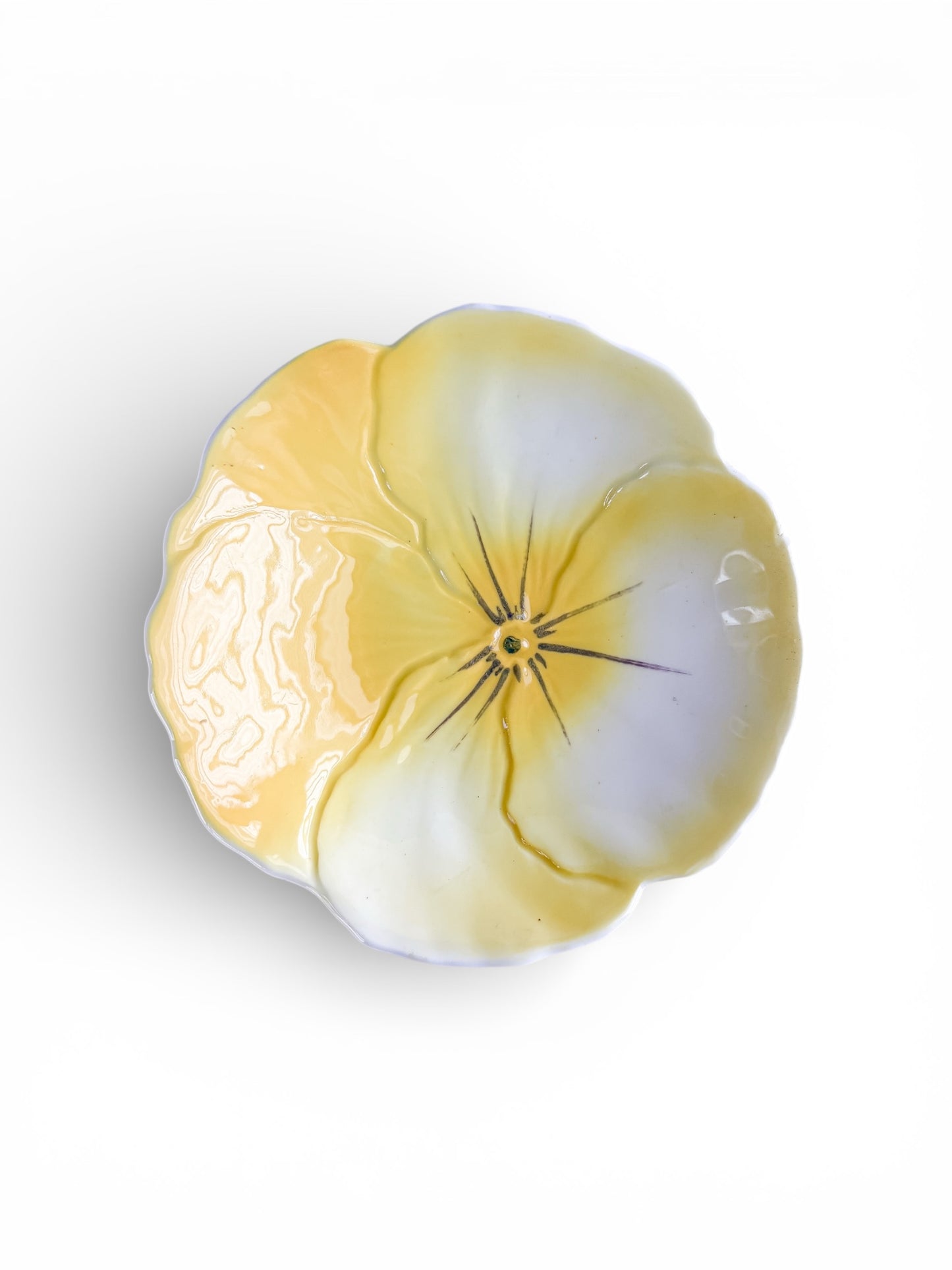 Yellow and white porcelain flower-shaped decorative bowl with delicate petal details