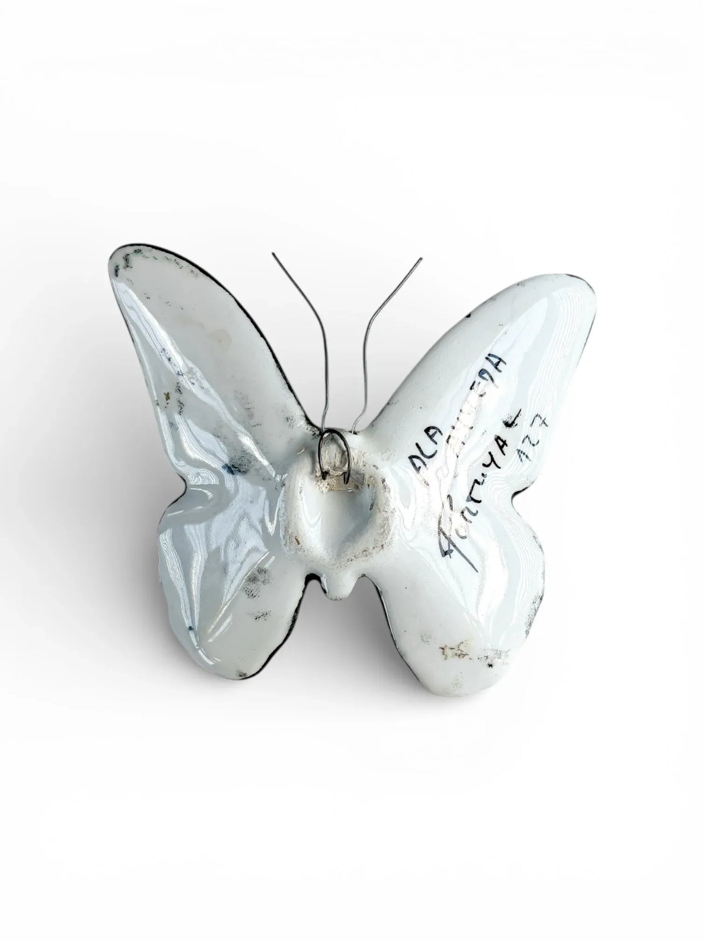 White ceramic butterfly with wire antennae, vintage collectible tableware accessory