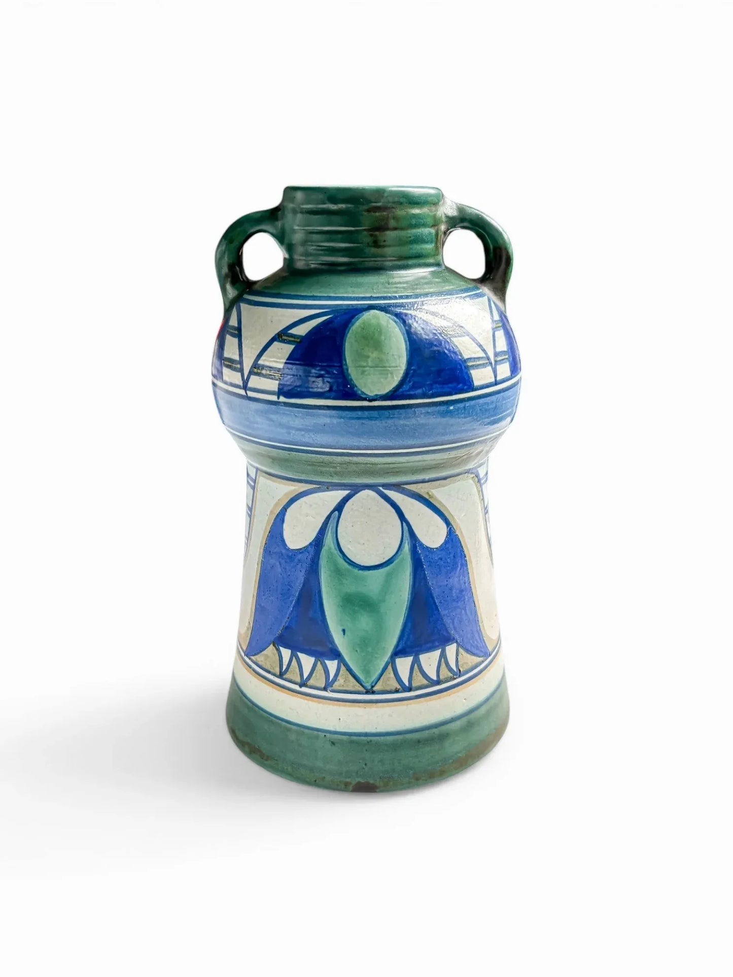 Front view of an antique Dutch Gouda 'Damascus' vase by PZH, circa 1910. The 20cm twin-handled ceramic features a high-glaze Art Nouveau design with cobalt blue and sage green geometric floral motifs on a cream background.