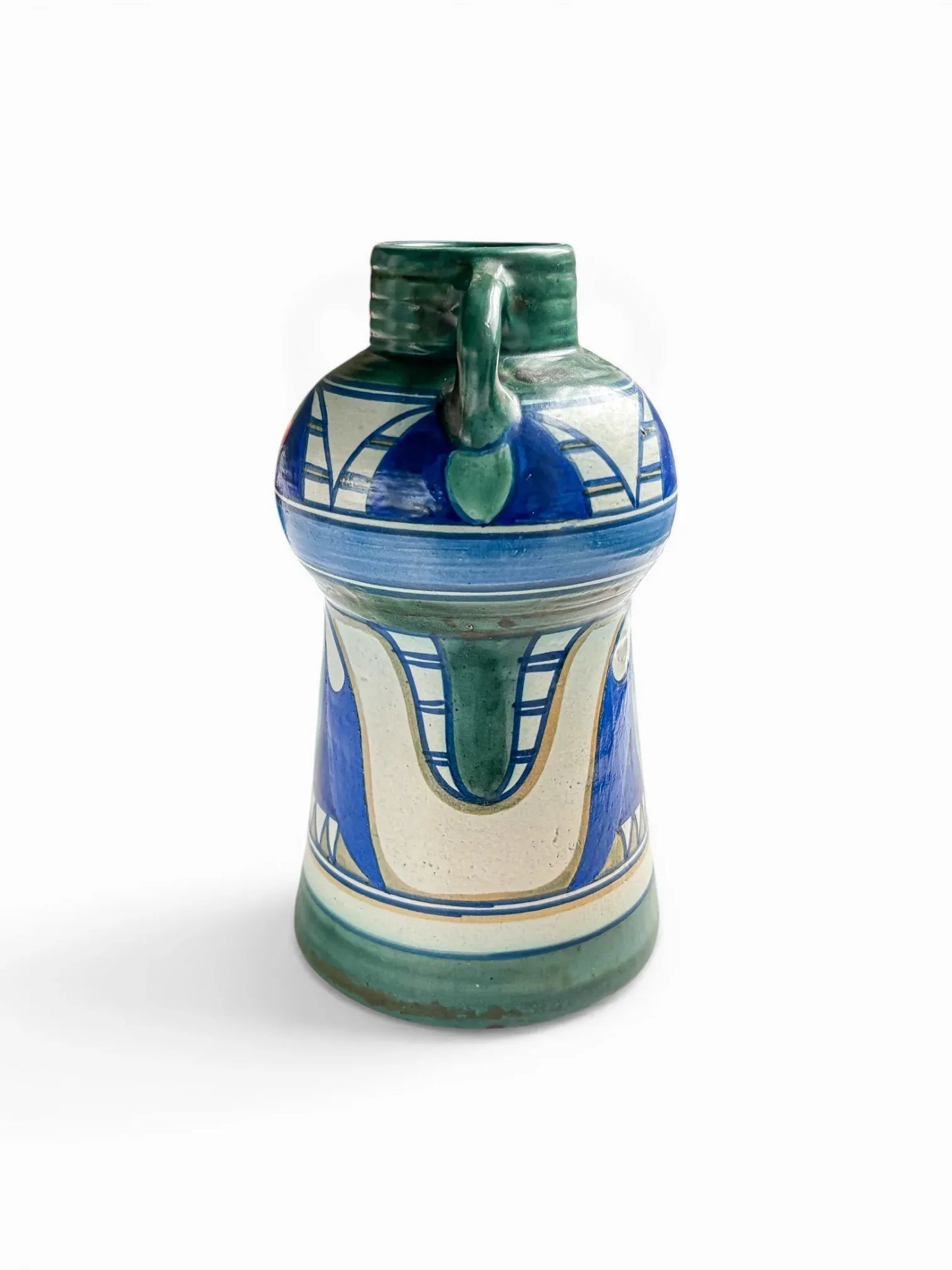 Side profile of a 20cm Gouda PZH Damascus vase highlighting the architectural dual-handle design and the continuous hand-painted Iznik-inspired pattern in deep blue and green.