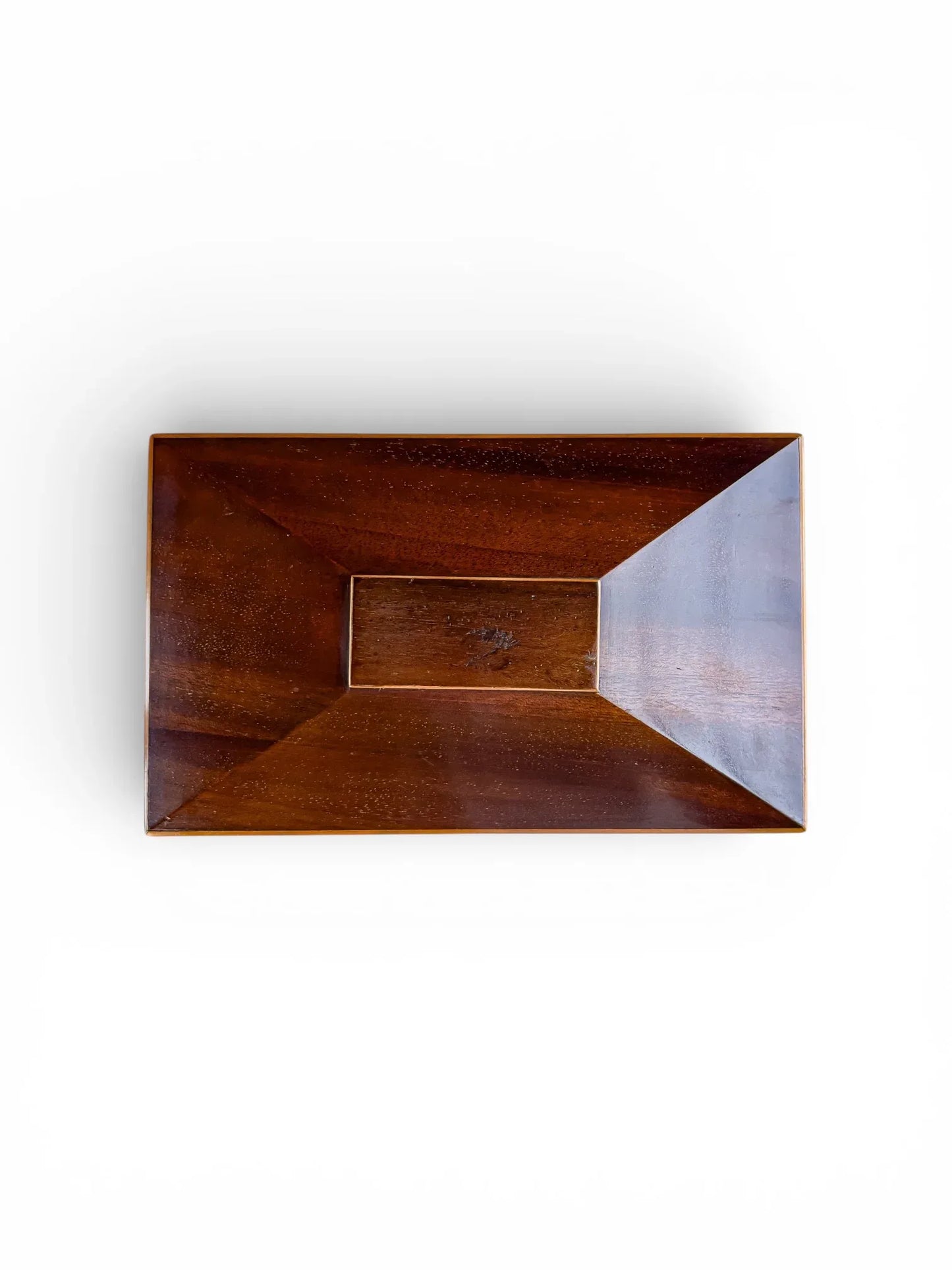 Rectangular vintage wooden serving tray with beveled edges on white background