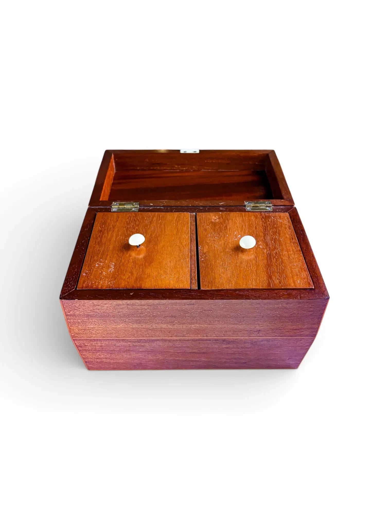 Vintage wooden tea chest with hinged lid and two compartments, collectible home decor.