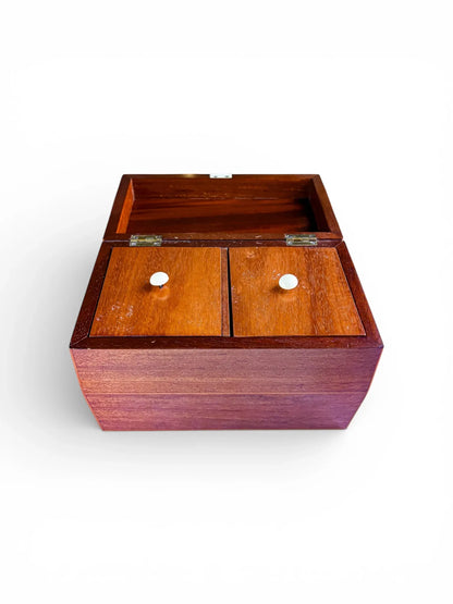 Vintage wooden tea chest with hinged lid and two compartments, collectible home decor.