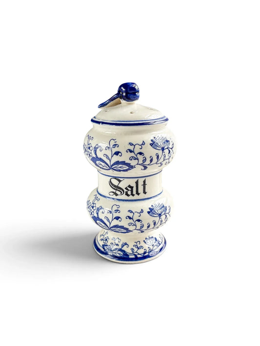 Vintage Arnart Blue Onion oversized salt shaker with gothic Salt lettering and fruit finial