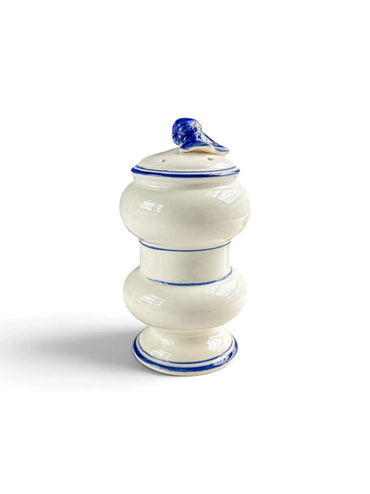 Reverse of an Arnart Blue Onion salt shaker showing white glaze and cobalt blue banding