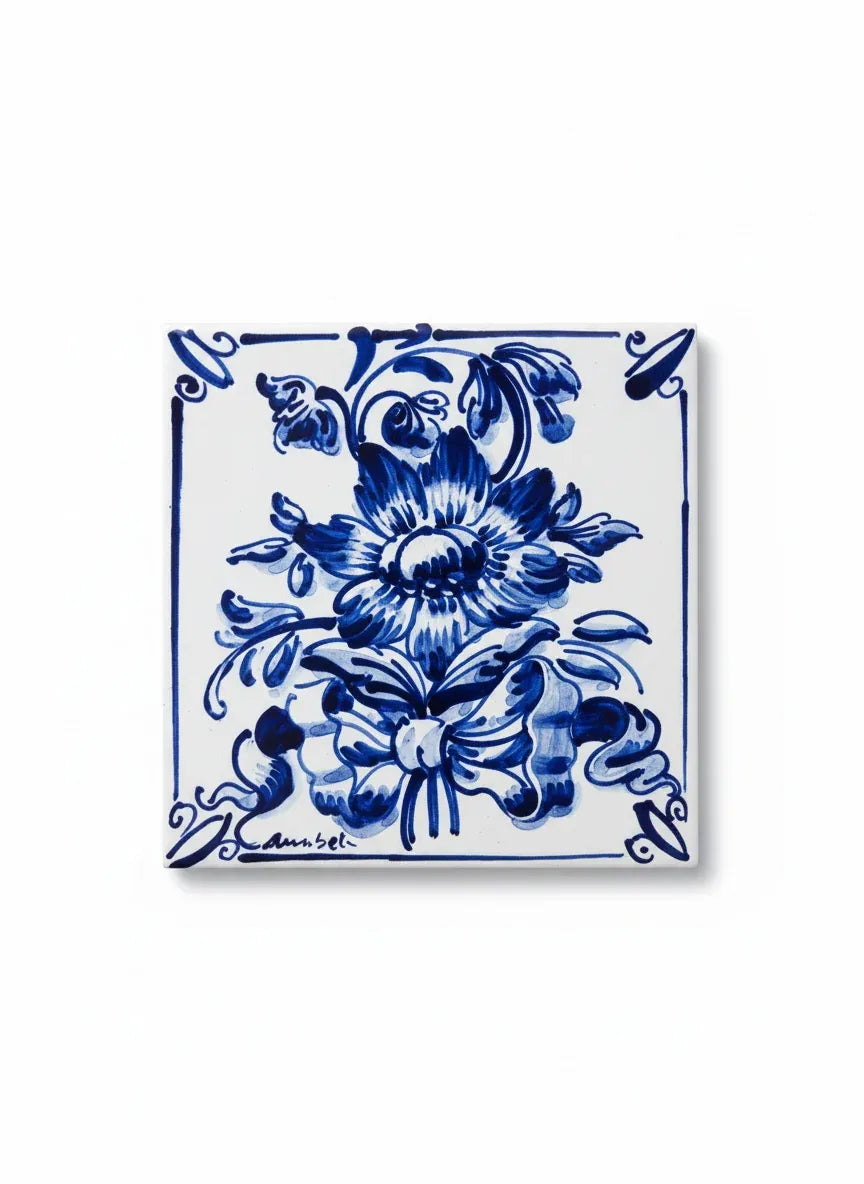 Classic monochromatic cobalt blue and white hand-painted tile with a floral bouquet and ribbon design.