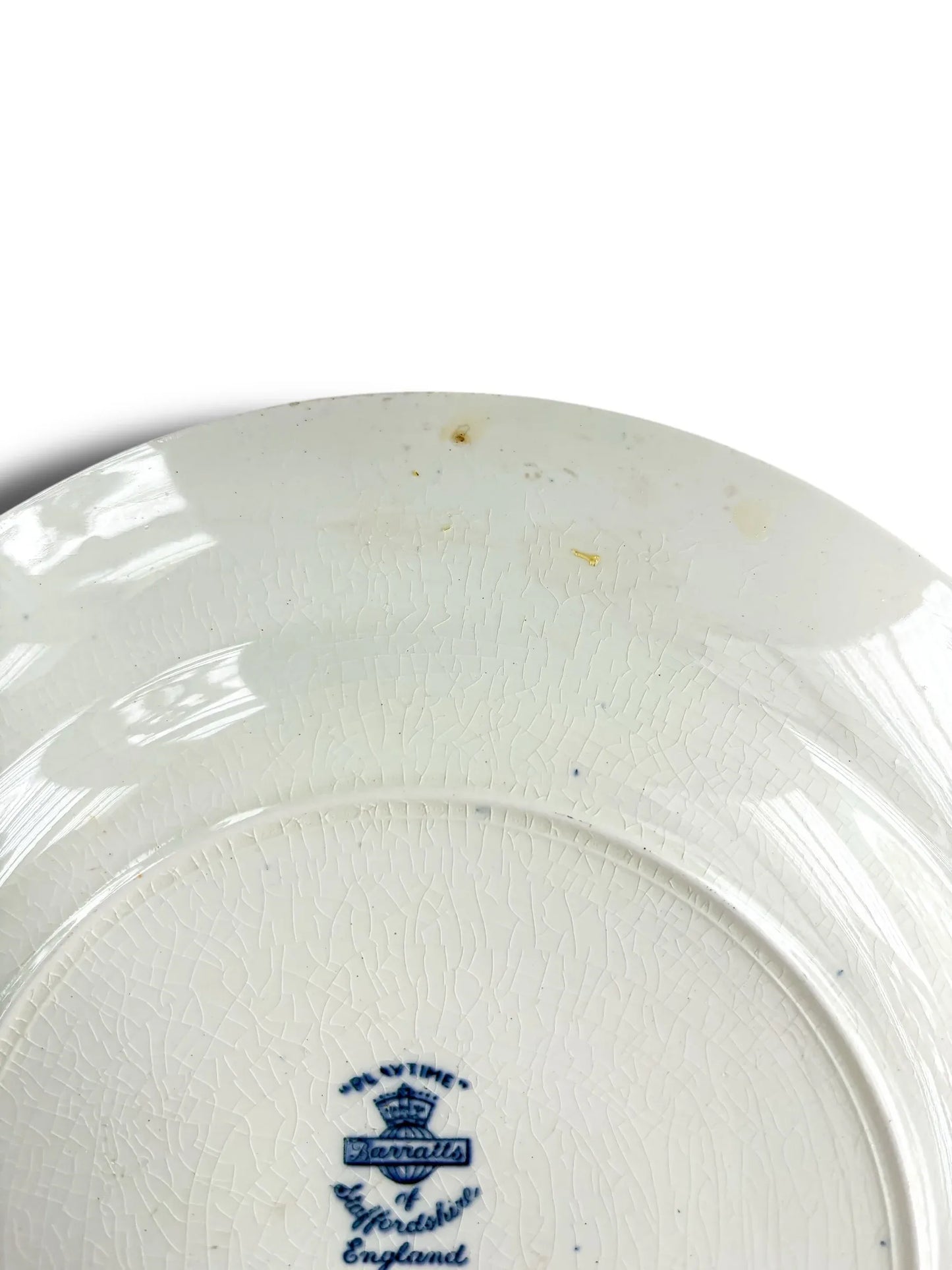 Vintage white ceramic Bernalls plate with crackled glaze and blue maker's mark England