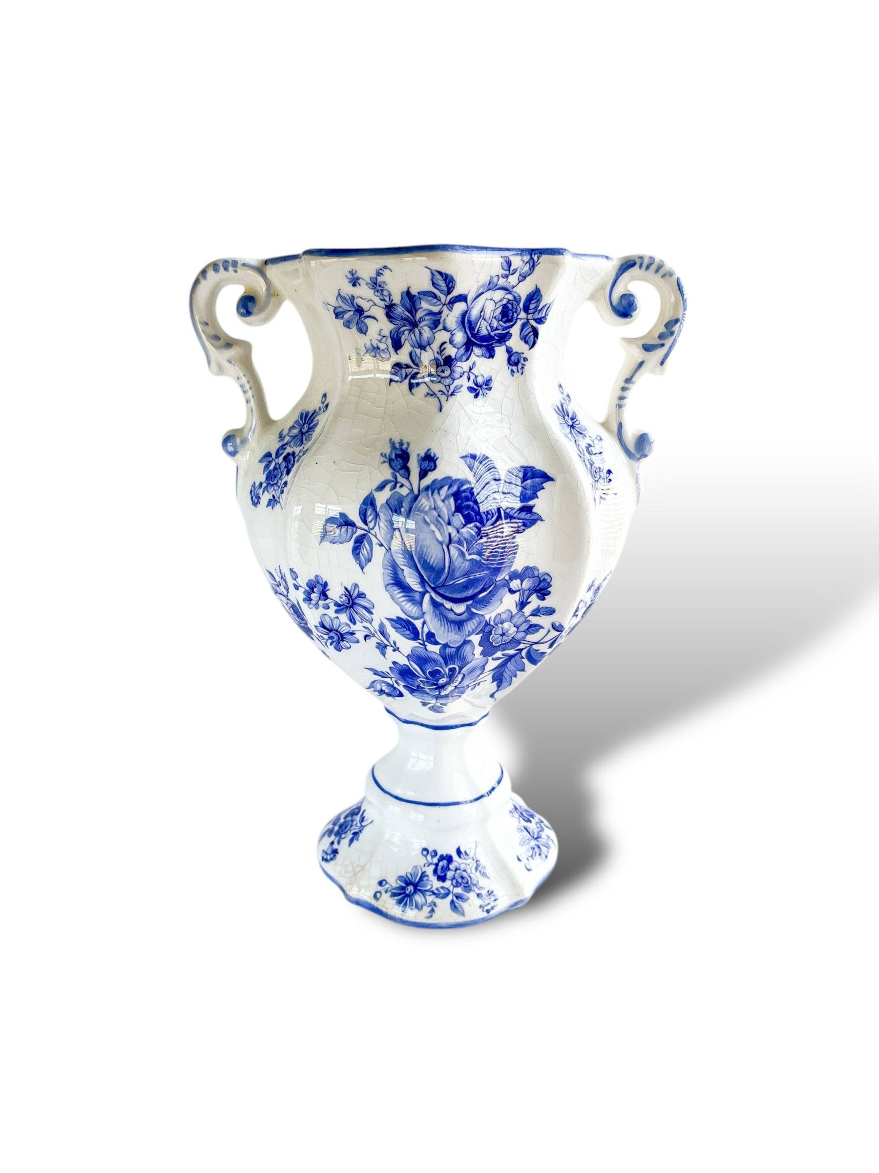 Blue & White Floral Vase with Ornate Handles - SOSC Home