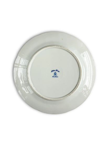 Back of white porcelain plate with Blue Rose Fine China mark on white background