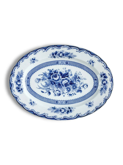 Blue and white oval porcelain platter with floral pattern and decorative border