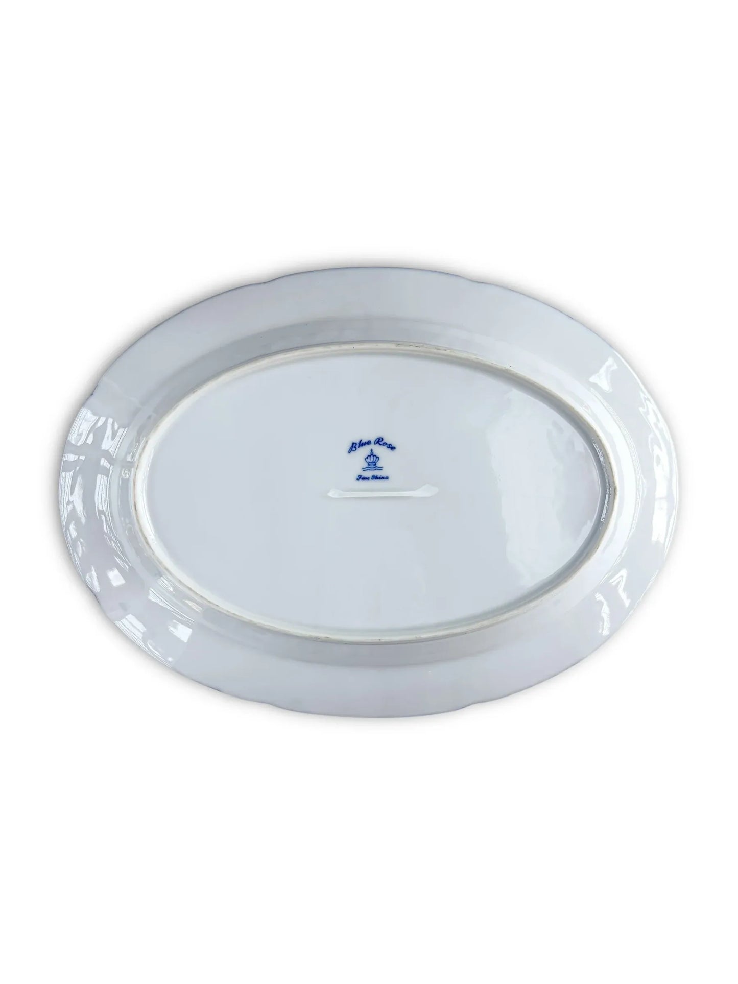 Blue Rose Fine China oval platter bottom with blue maker's mark on white background