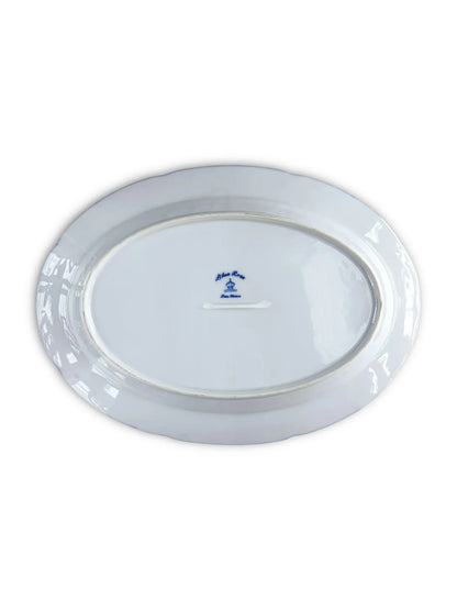 Blue Rose Fine China oval platter bottom with blue maker's mark on white background
