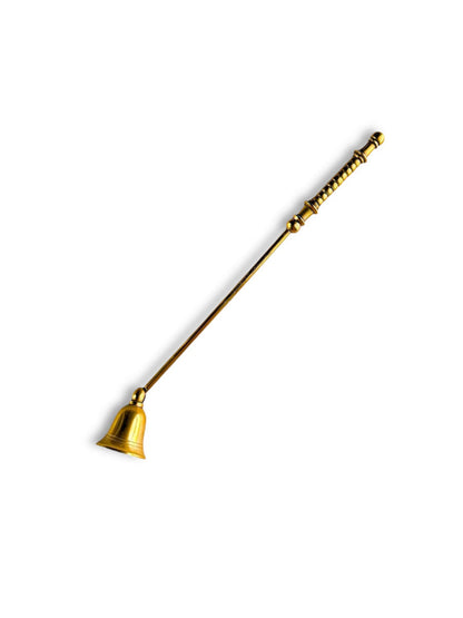 Brass candle snuffer with ornate handle on white background